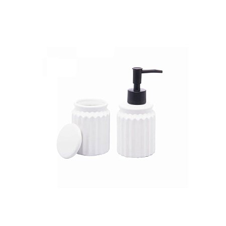 Conjunto 2 Peças Dispenser de Banheiro Em Cerâmica Branco