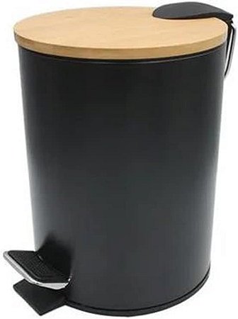 Lixeira 3 Litros Preta Em Inox, Bambu e Plástico Com Pedal