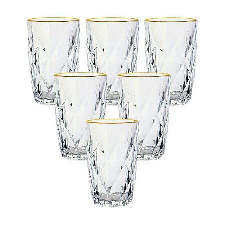 Conjunto 6 Copos Altos de Vidro C/ Fio de Ouro Diamond 350ml