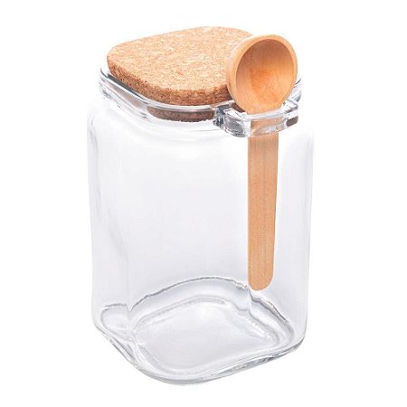 Pote Quadrado de Vidro Tampa de Rolha Colher de Bambu 650 ml