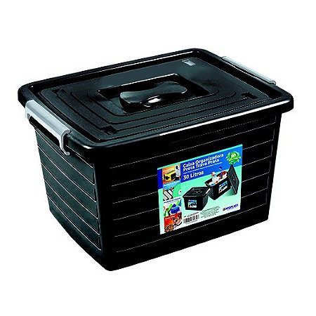 Caixa Organizadora Multiuso Preta C/ Tampa e Trava Prata 30L