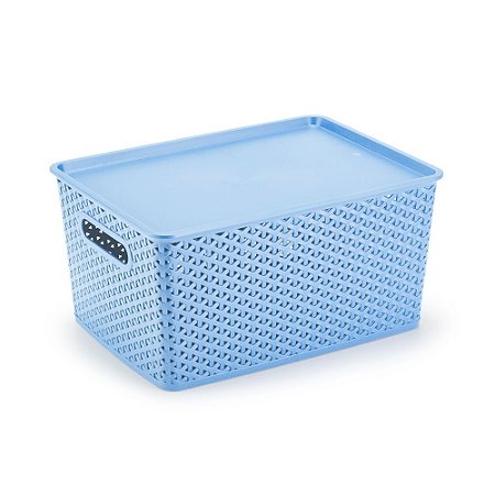 Organizador Rattan Grande Cesto Azul Com Tampa Multiuso 36CM