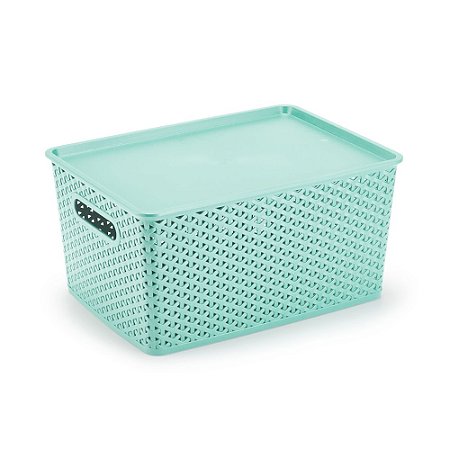 Organizador Rattan Grande Cesto Verde C/ Tampa Multiuso 36CM