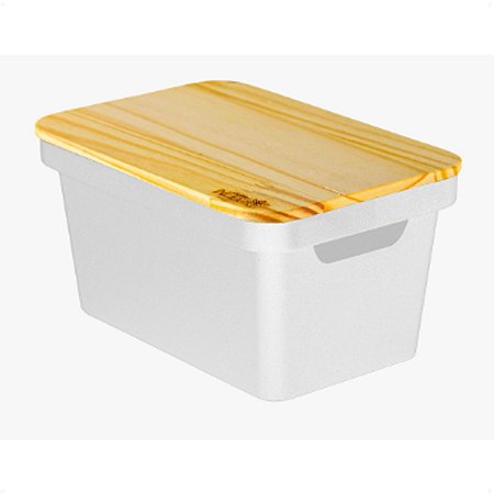Organizador Collection Branco Com Tampa de Madeira 10 Litros