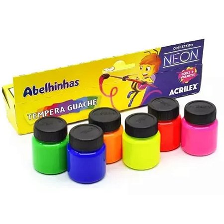 Tinta Tempera Guache Neon 6 Potes 6 cores Com 15 ml Acrilex