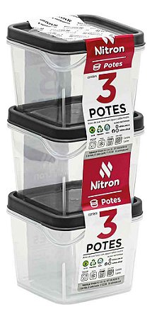 Conjuntos 3 Potes Modulares Quadrados P 450ml Preto BPA Free