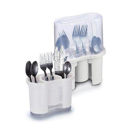 Seca Talheres Escorre & Guarda Com Tampa e Divisórias 24x18,5x9,5Cm Branco Nitron