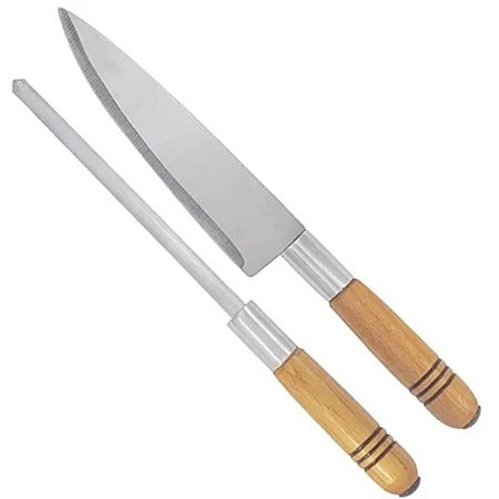 Kit P/ Churrasco 2 Peças Com Face e Chaira 30Cm Cabo Madeira