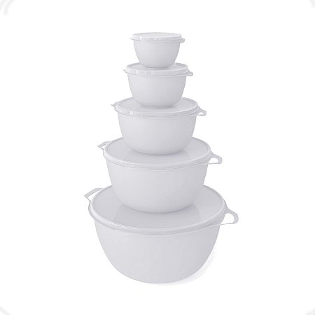 5 Vasilhas Bowl Plástica Pote Alimento Tampa BPA free Branco