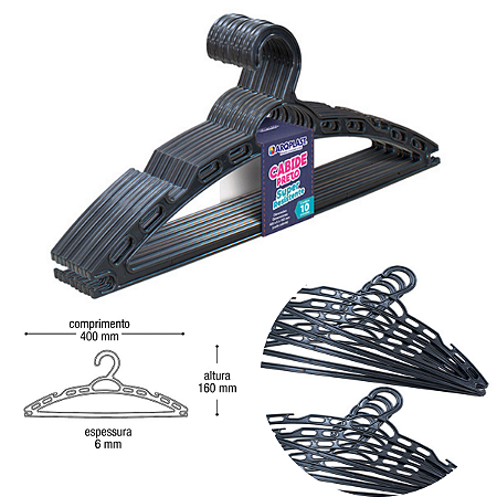 Conjunto Cabide Plástico Super Resistente Preto C/10pç