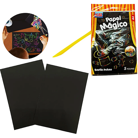 Papel Mágico A4 90g Multicolor 5 Folhas Com Bastão Kaz Zoo Cor Preto