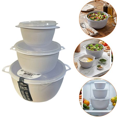 Kit 3 Bowl 500ml, 1L, 2.800ml Vasilha Pote Resistente Branco