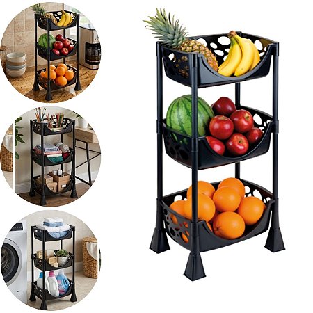 Cesto Fruteira Organizador Vazado 3 Prateleiras Cor Preto