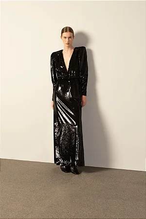VESTIDO LONGO DECOTE V LAME PRETO