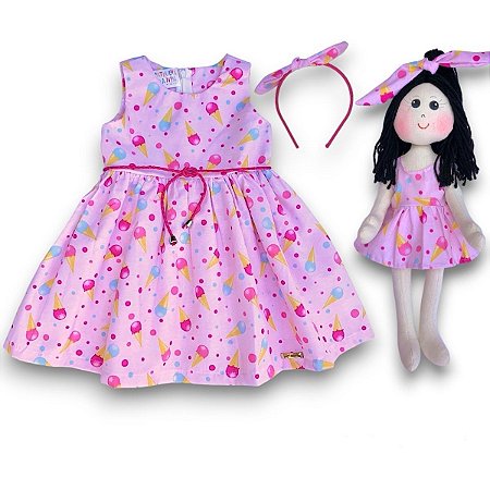 KIT Vestido Infantil COM Boneca de Pano - Sorvete