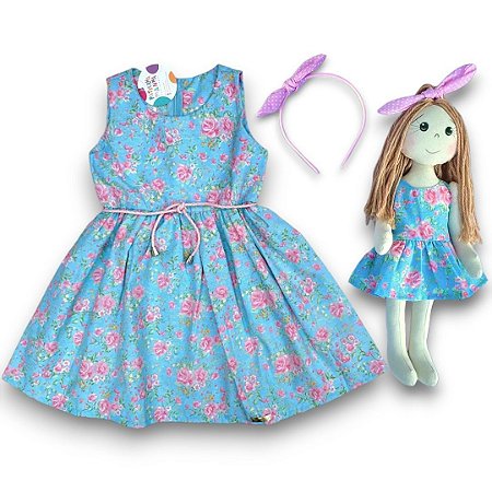 Kit Vestido Infantil COM Boneca - Azul Celeste