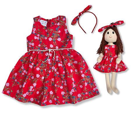 Kit Vestido Infantil COM Boneca - Vermelho Flores
