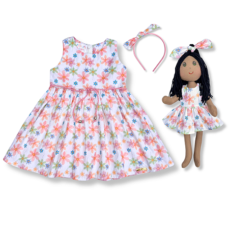 Kit Vestido Infantil COM Boneca - Branco Flores