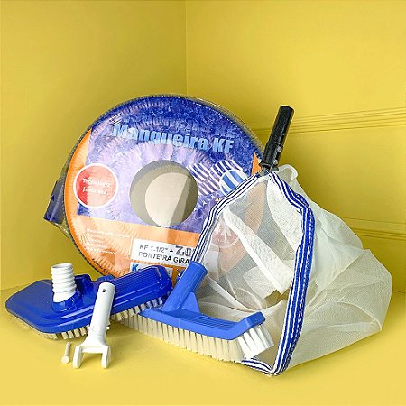 Kit de Limpeza para Piscina: Aspirador com Escova, Escova Curva, Mangueira 1 1/2 7m, Peneira Pelicano