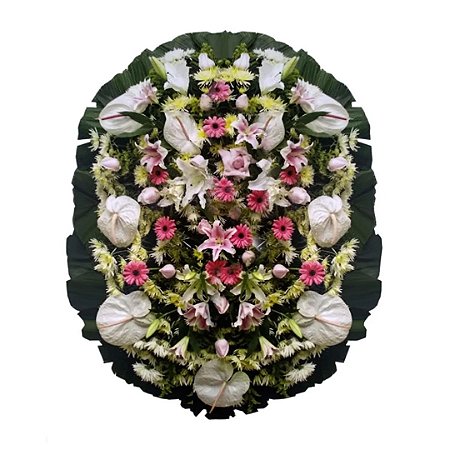 Coroa de Flores elegance com gérberas rosas, lírio da paz, Lírios brancos  e uma folhagem selecionada