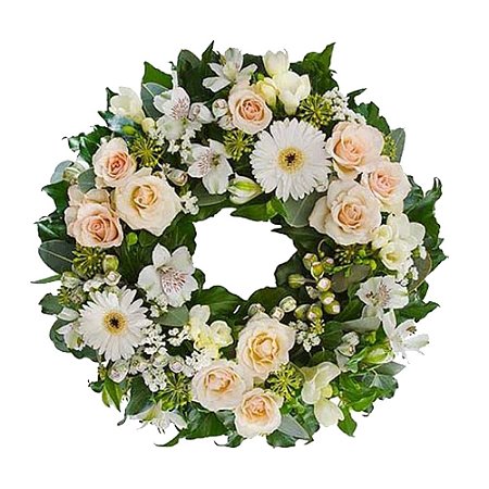 Coroa de Flores Estilo Arco Americano, Com Flores em Tonalidades Claras e folhagem especial selecionada