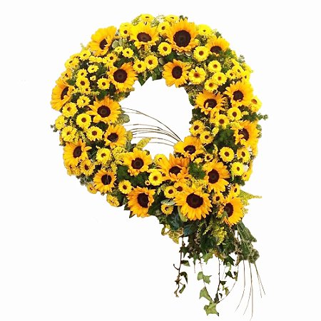 Coroa de Flores Estilo Arco Americano, mix de flores Amarelas, Girassóis, Gérberas Amarelas e folhagem especial