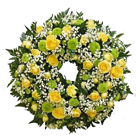 Coroa de Flores Estilo Arco Americano, Com Rosas Amarelas, e folhagem especial selecionada