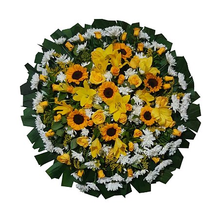 Coroa de Flores Com Lírios Amarelos, Crisântemos e Rosas Amarelas.