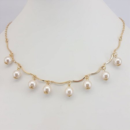 CHOKER FOLHEADO A OURO COM PENDURADOS EM PÉROLAS
