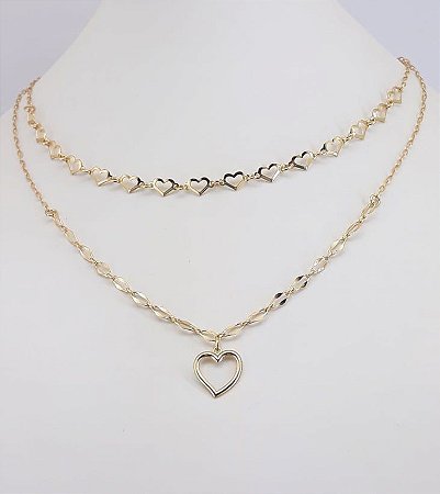 COLAR CHOKER DUPLO FOLHEADO A OURO EM CORAÇÕES