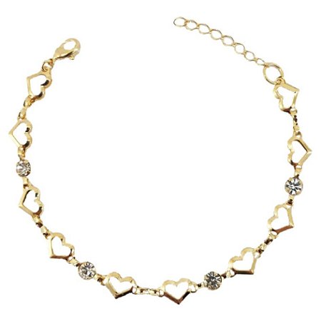 PULSEIRA ADULTO FOLHEADO A OURO COM CORAÇÃO VAZADO E PEDRINHAS