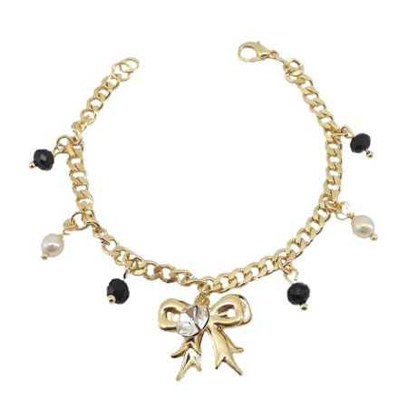 PULSEIRA ADULTO FOLHEADO A OURO COM PEDRINHAS E PÉROLA