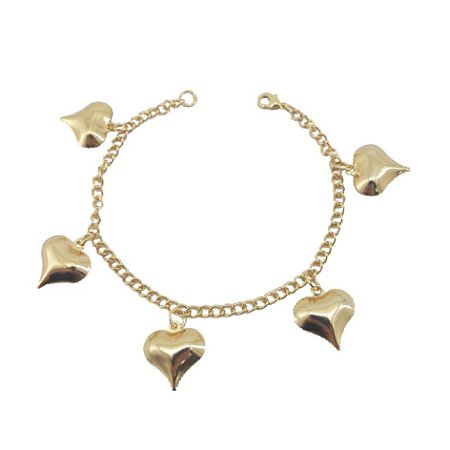 PULSEIRA ADULTO FOLHEADO A OURO COM CORAÇÕES PENDURADOS