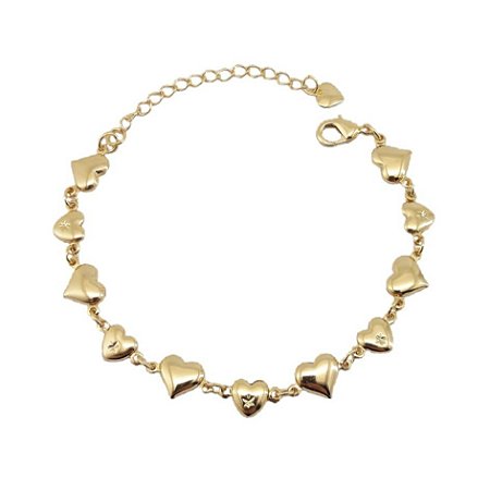 PULSEIRA ADULTO FOLHEADO A OURO EM CORAÇÕES