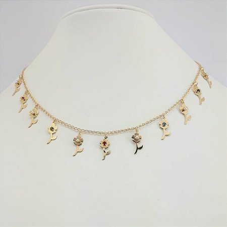 CHOKER FOLHEADO A OURO EM FLORES PENDURADAS COM PEDRINHAS COLORIDAS