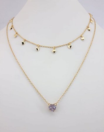 COLAR CHOKER DUPLO FOLHEADO A OURO COM PINGENTE CORAÇÃO EM ZIRCÔNIA E CORAÇÕES PENDURADOS
