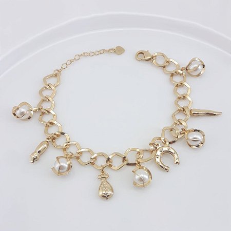 PULSEIRA ADULTO FOLHEADO A OURO COM ACESSÓRIOS PENDURADOS