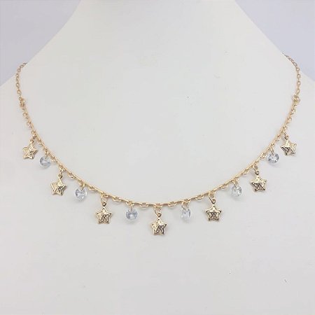 CHOKER FOLHEADO A OURO COM PEDRINHAS EM ZIRCÔNIA E ESTRELINHAS
