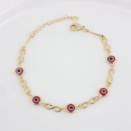 PULSEIRA ADULTO FOLHEADO A OURO EM OLHO GREGO E INFINITO