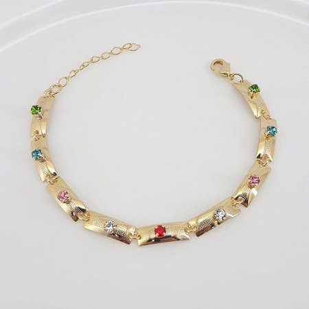 PULSEIRA ADULTO FOLHEADO A OURO COM PEDRINHAS COLORIDAS