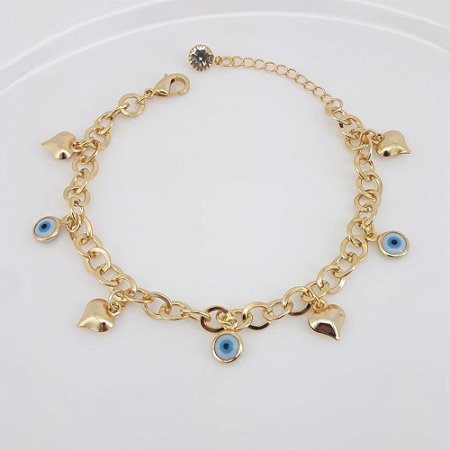 PULSEIRA ADULTO FOLHEADO A OURO EM OLHO GREGO E CORAÇÕES