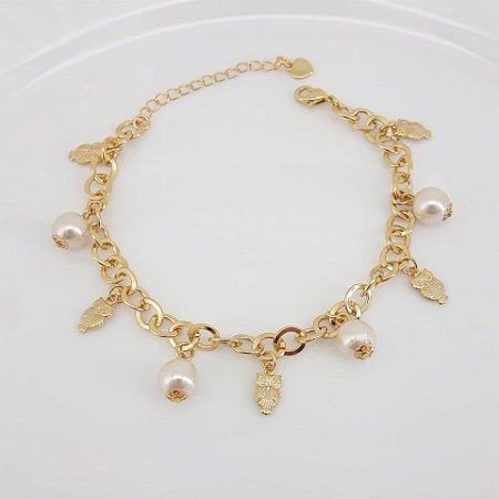 PULSEIRA ADULTO FOLHEADO A OURO EM CORUJAS E PÉROLAS