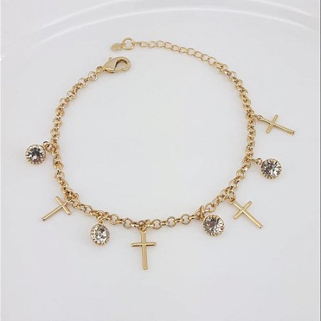 PULSEIRA ADULTO FOLHEADO A OURO EM CRUZ E PEDRINHAS
