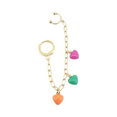 BRINCO ARGOLINHA FOLHEADO A OURO COM PIERCING FAKE EM CORRENTINHA COM CORAÇÕES COLORIDOS (SOMENTE 1 UNIDADE E NÃO O PAR USADO EM 1 ORELHA)