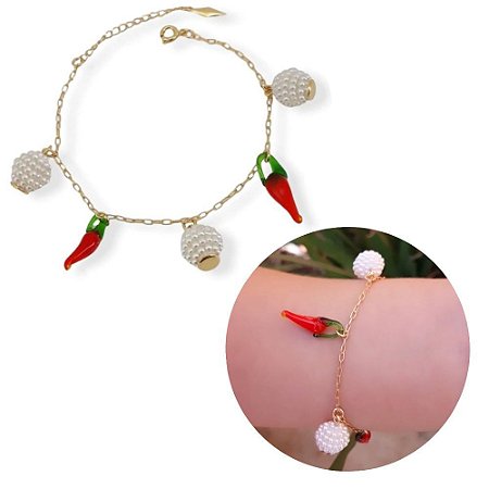 PULSEIRA ADULTO FOLHEADO A OURO EM PÉROLAS E PIMENTAS