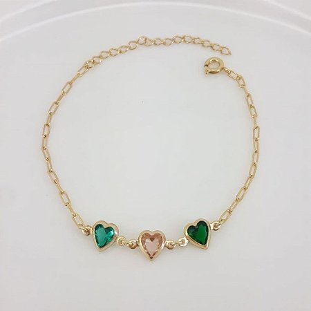 PULSEIRA ADULTO FOLHEADO A OURO COM PEDRAS DE ZIRCÔNIA EM CORAÇÃO