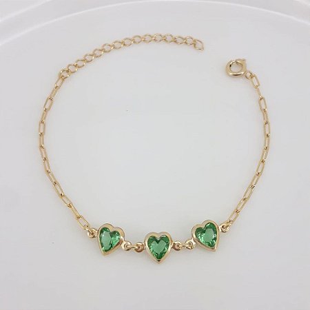 PULSEIRA ADULTO FOLHEADO A OURO COM PEDRAS DE ZIRCÔNIA EM CORAÇÃO