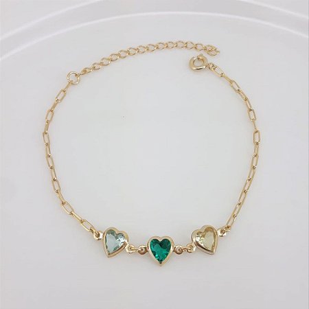 PULSEIRA ADULTO FOLHEADO A OURO COM PEDRAS DE ZIRCÔNIA EM CORAÇÃO