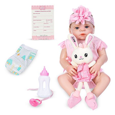 Boneca Bebé Reborn Realista, 38cm, com saco e 5 acessórios – O