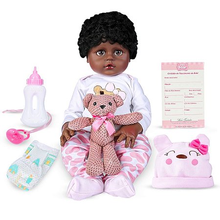 Boneca Bebê Reborn Negra Vinil Realista com Acessórios 45 cm - Barra Rey